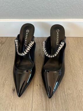 Black Patent Rhinestone Pointed Toe Mule Heels